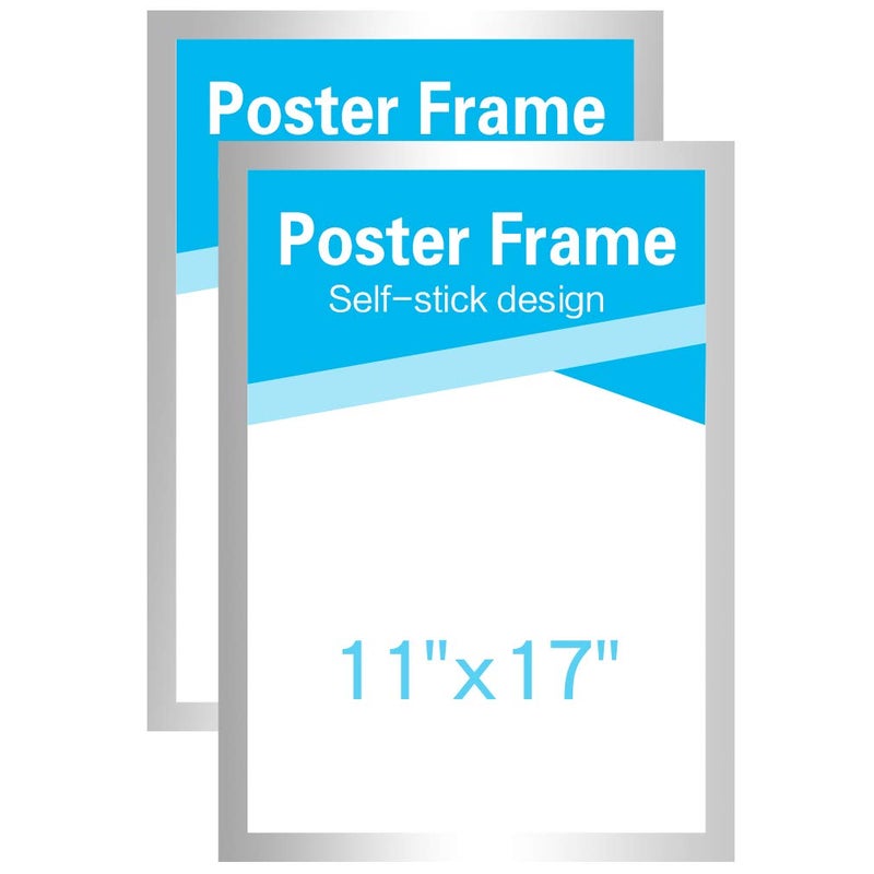 MFoffice 11x17 Frame for Display AD,Sign,Poster,Picture,Made of Durable PVC Plastic and Strong Magnetic,Double Sided and Self Adhesive,Silver,Pack of 2 - Image 1